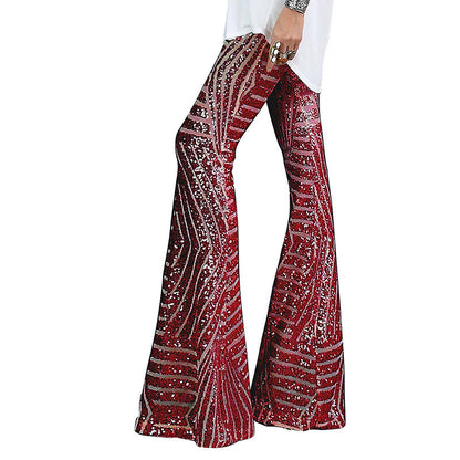 Pantalon large femme taille haute à sequins