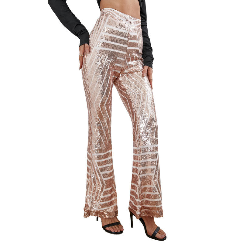 Pantalon large femme taille haute à sequins