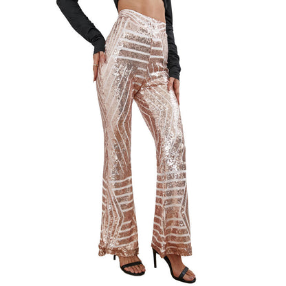 Pantalon large femme taille haute à sequins