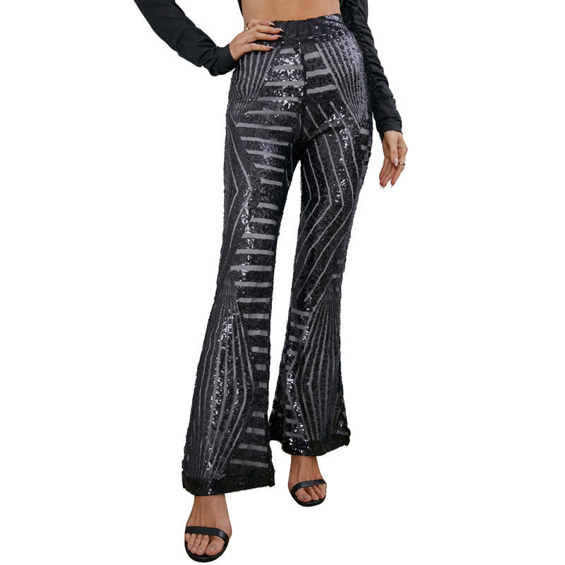 Pantalon large femme taille haute à sequins