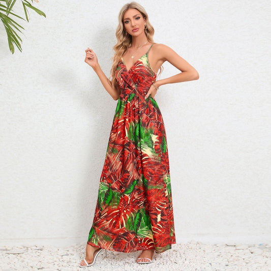 Robe longue à bretelles fines imprimée feuillage tropical