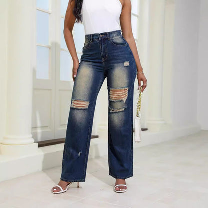 Jean taille haute déchiré coupe droite femme